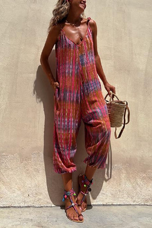 Margovil V Neck Tie Shoulder Pockets Tie Dye Cami Jumpsuit