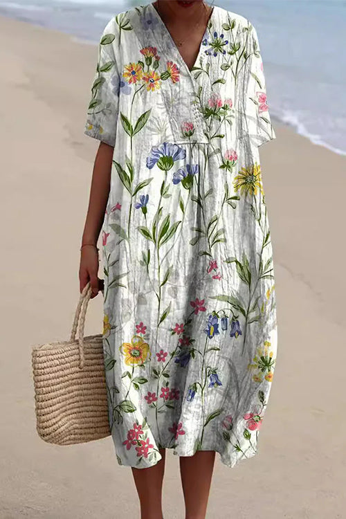 Margovil V Neck Short Sleeves Floral Print Loose Midi Vacation Dress