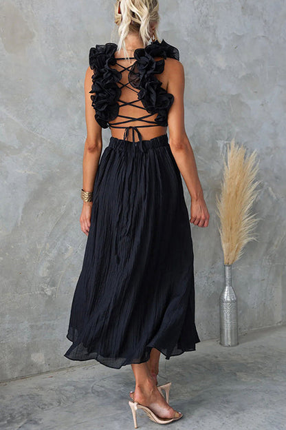 Margovil Back Lace-up Ruffle Trim Sleeveless Maxi Dress