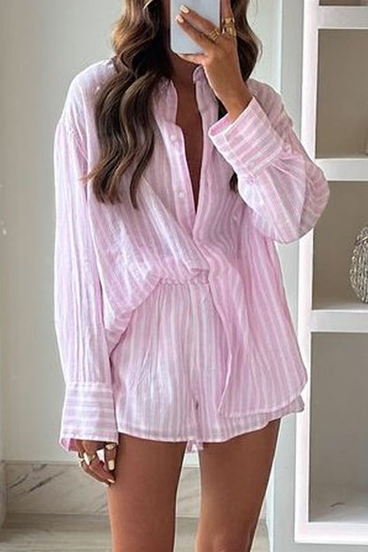 Striped Long Sleeves Blouse Shirt and Elastic Waist Shorts Set