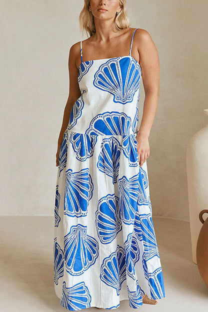 Spaghetti Strap Ruffle Seashell Print Maxi Dress