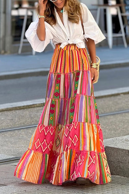 Margovil Elastic Waist Ruffle Tiered Color Block Printed Maxi Skirt