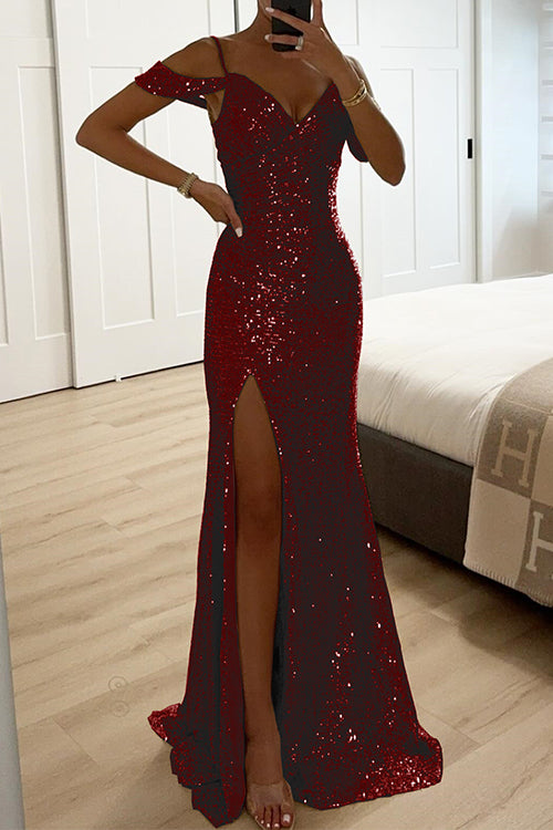 Margovil V Neck Cold Shoulder High Slit Sequin Maxi Prom Dresses