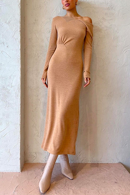 Cold Shoulder Long Sleeves Ruched Elegant Midi Dress