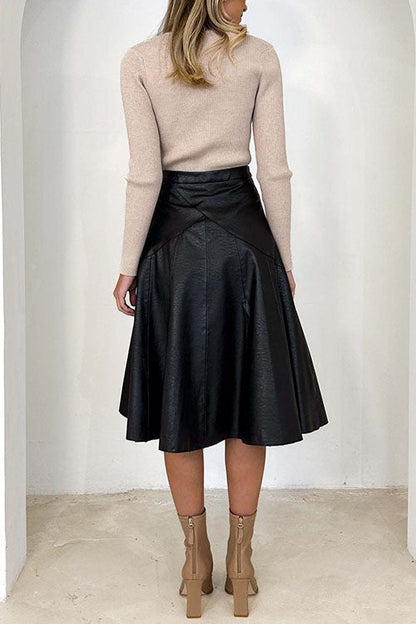 Margovil High Waist Faux Leather A-line Flare Midi Skirt