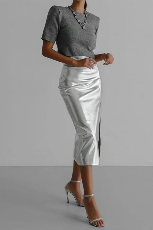 Margovil High Waist Slit Front Faux Leather Midi Skirt