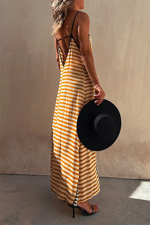 Margovil Stripes Splice Backless Ethnic Printed Maxi Cami Dress