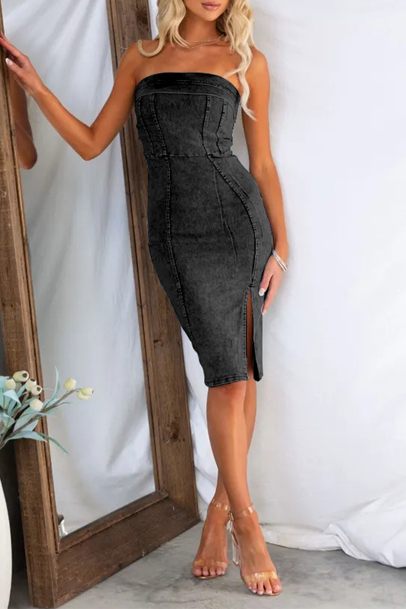 Sexy Solid Slit Zipper Strapless Sleeveless Regular Denim Dresses Black