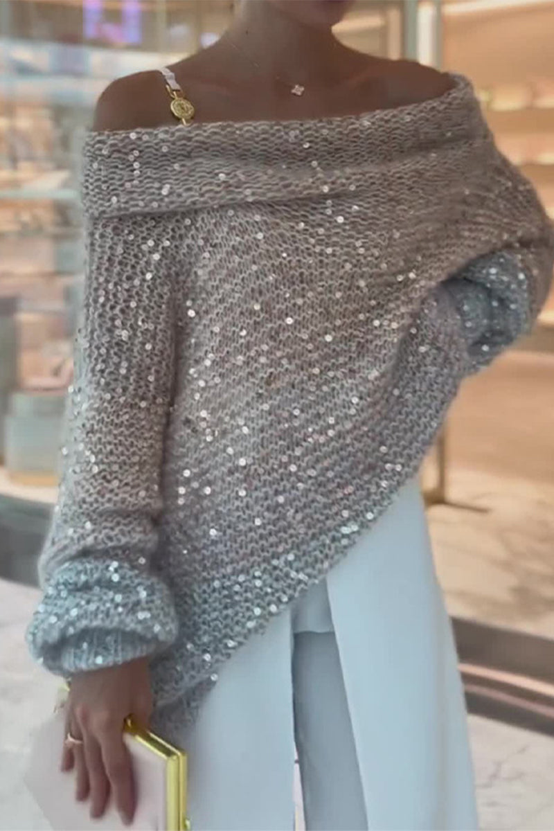 Casual Solid Sequins Sequined Off the Shoulder Sweaters Silver