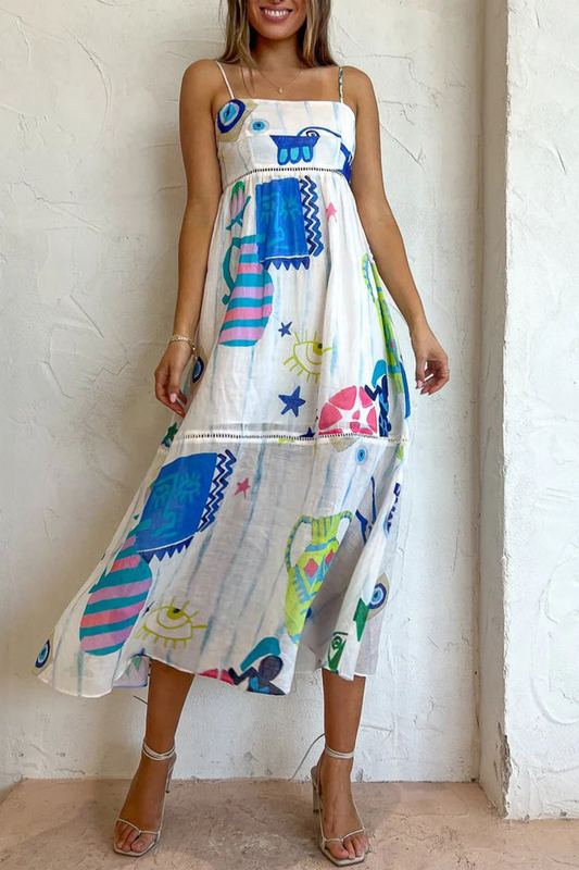 Sweet Elegant Print Patchwork Sling Dress Dresses White