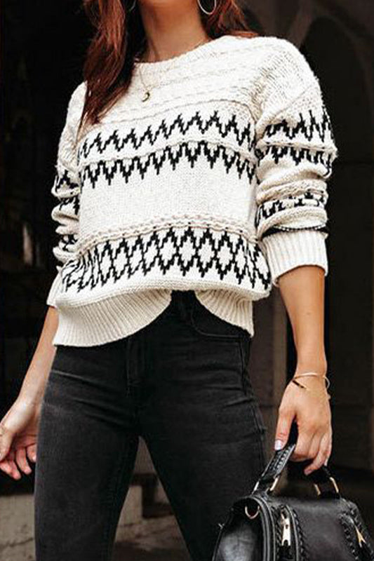 Casual Geometric Weave O Neck Tops White