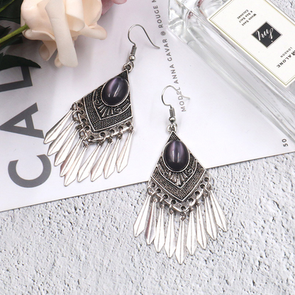 Bohemian Vintage Geometric Tassel Patchwork Earrings Black One Size