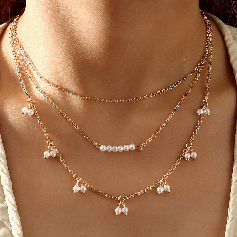 Geometric Patchwork Pearl Necklaces Gold One Size