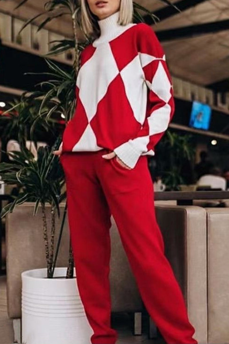 Casual Color Block Pocket Contrast Turtleneck Long Sleeve Two Pieces Red