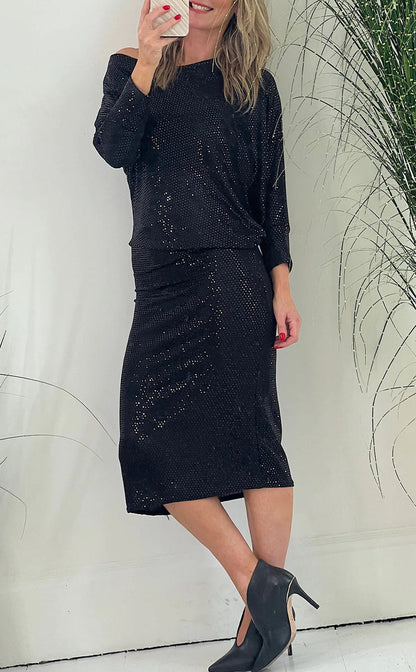 Party Solid Sequins Oblique Collar Long Sleeve Dresses Black