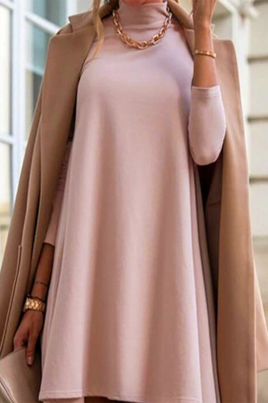 Casual Simplicity Solid Turtleneck Long Sleeve Dresses Khaki