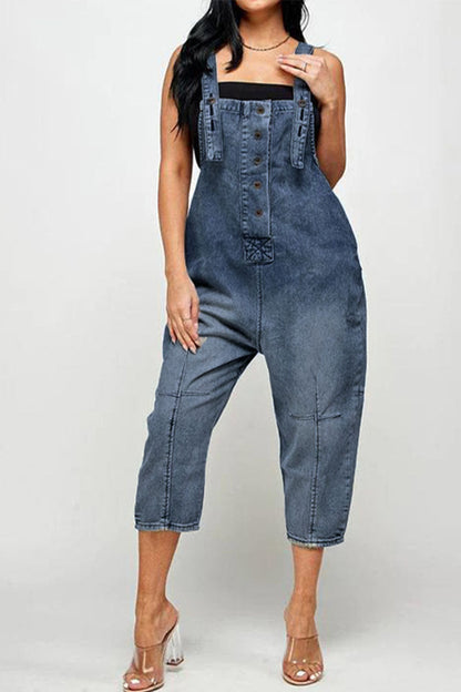 Street Solid Patchwork Buckle Square Collar Straight Jumpsuits(3 Colors) Blue