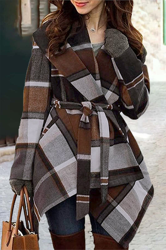 Casual Plaid Asymmetrical Turndown Collar Outerwear Khaki