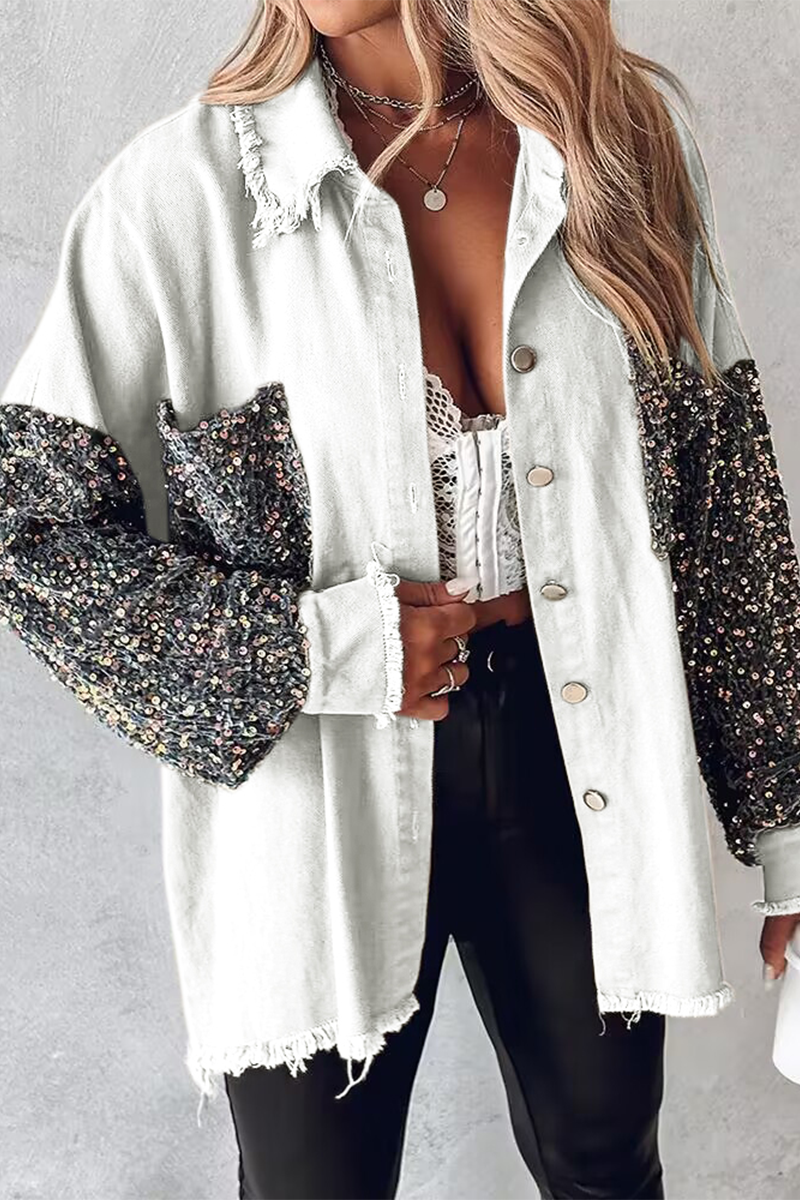 Casual Solid Sequins Pocket Turndown Collar Tops White