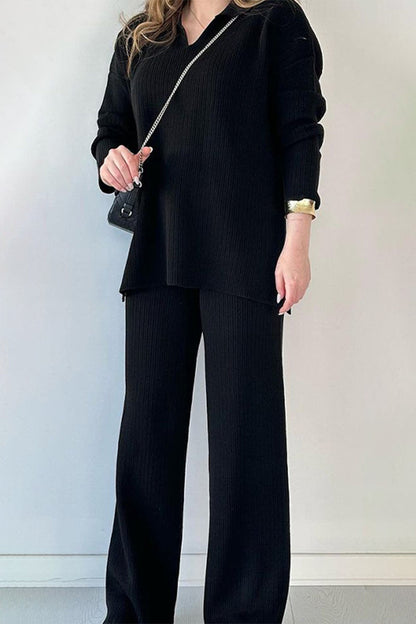 Casual Simplicity Solid Slit Turndown Collar Long Sleeve Two Pieces Black