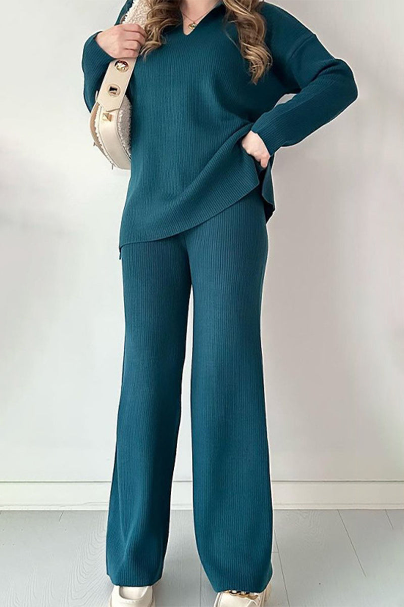 Casual Simplicity Solid Slit Turndown Collar Long Sleeve Two Pieces Malachite Green