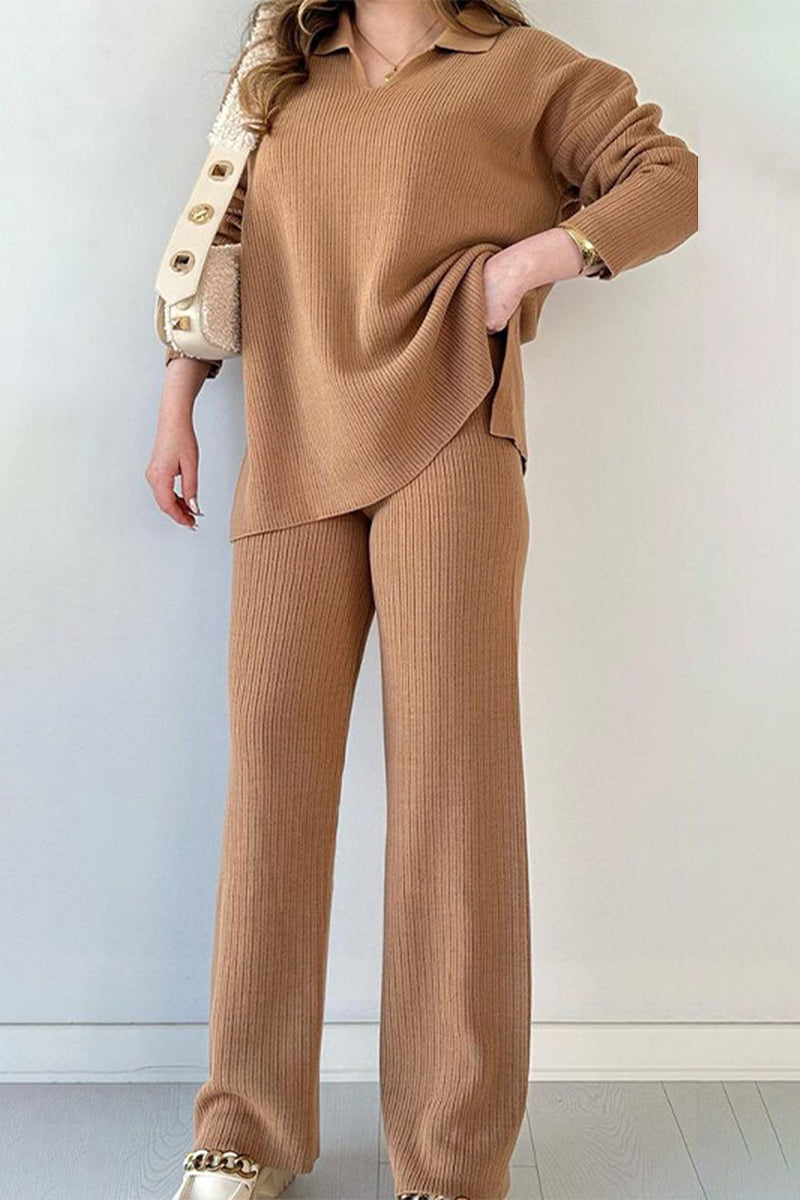 Casual Simplicity Solid Slit Turndown Collar Long Sleeve Two Pieces Camel