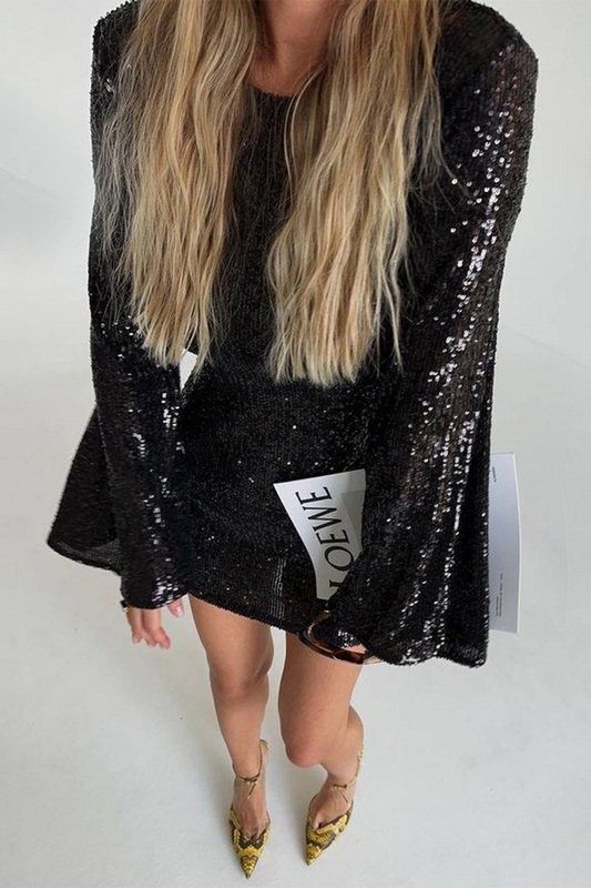 Elegant Solid Sequins O Neck Long Sleeve Dresses Black