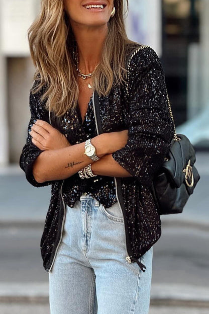 Casual Solid Sequins O Neck Outerwear