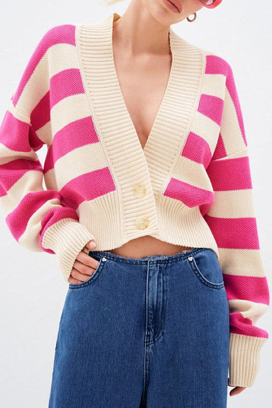 Street Striped Contrast Weave V Neck Outerwear Rose Red