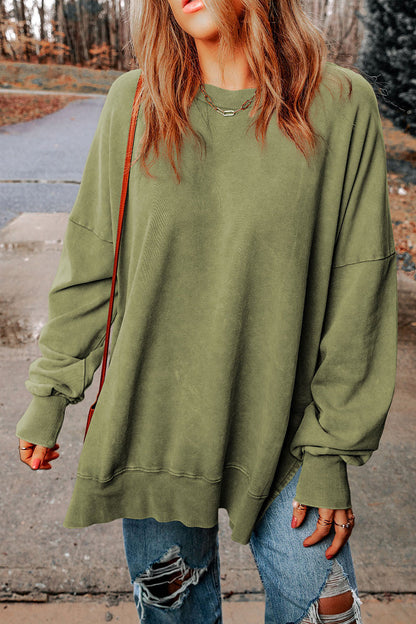 Daily Simplicity Solid Slit O Neck Tops Army Green