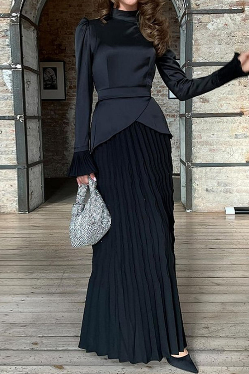 Celebrities Elegant Solid Pleated Half A Turtleneck Pleated Dresses Black