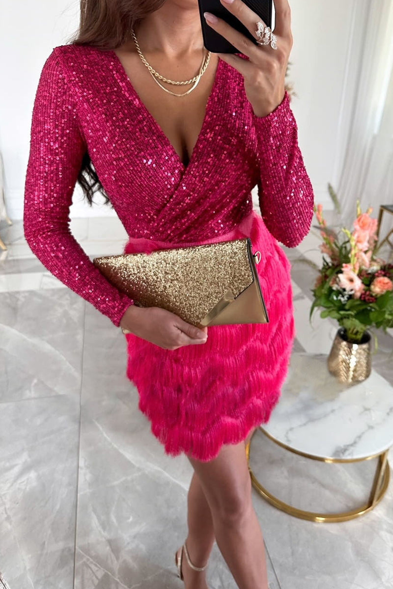 Sexy Solid Tassel Sequins V Neck Wrapped Skirt Dresses Rose Red