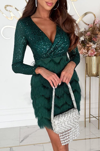 Sexy Solid Tassel Sequins V Neck Wrapped Skirt Dresses Green