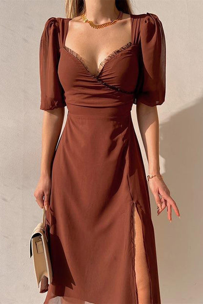 Sexy Solid Slit V Neck A Line Short Sleeve Dress Light Brown