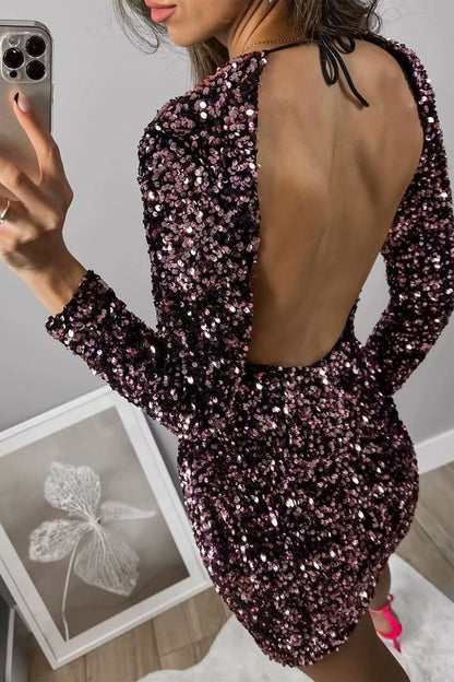 Sexy Vintage Solid Sequins Frenulum Backless O Neck Dresses