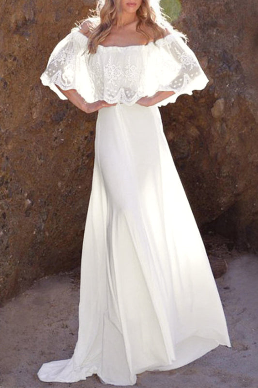 Elegant Formal Solid Lace Off the Shoulder Evening Dress Dresses White One Size