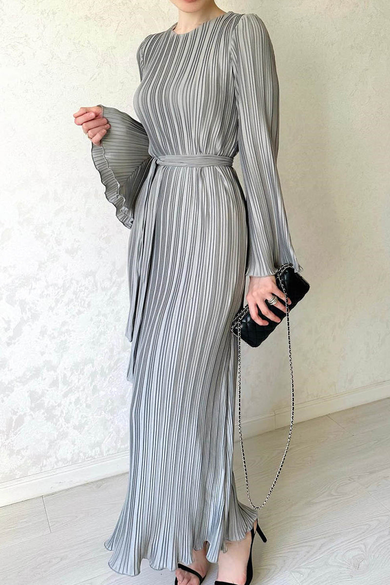 Street Solid Patchwork Pleated O Neck Long Dress Dresses Grey