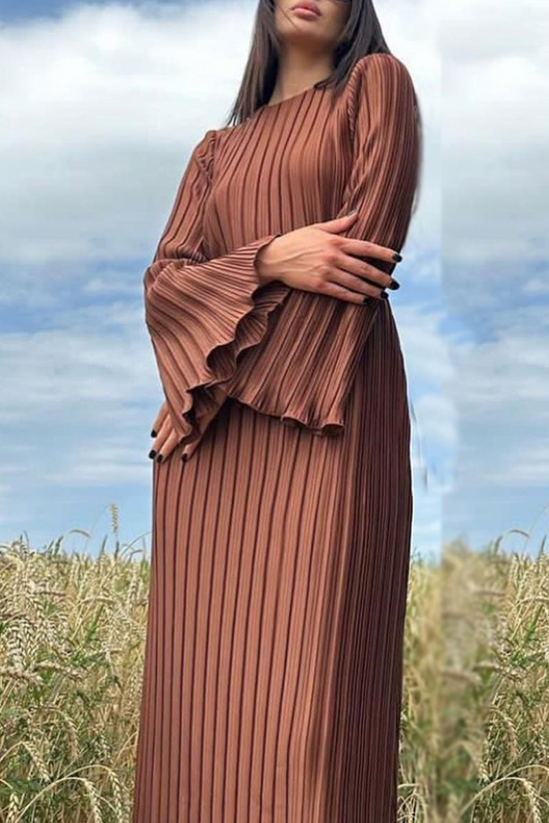 Street Solid Patchwork Pleated O Neck Long Dress Dresses Brown