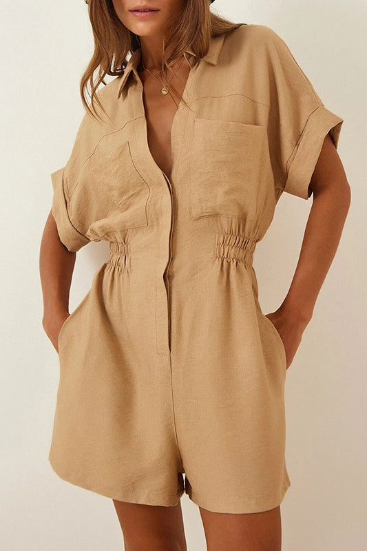 Daily Simplicity Solid Pocket Turndown Collar Loose Rompers Khaki