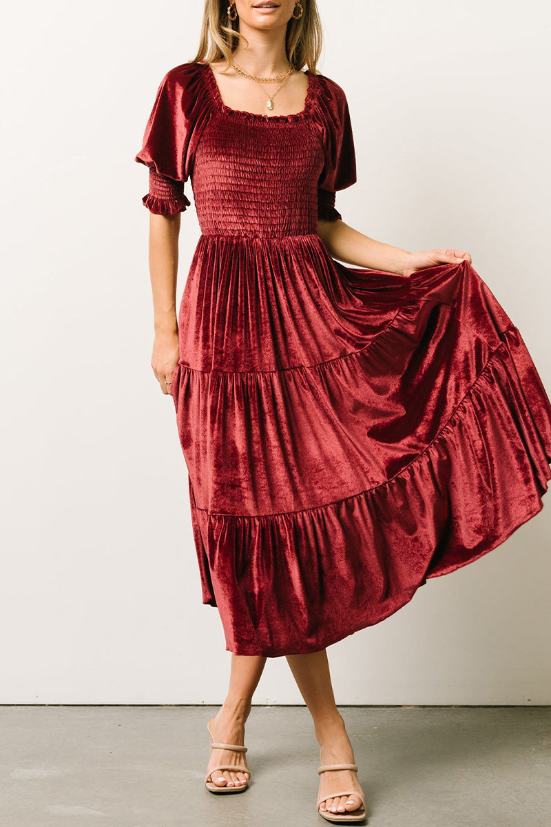 Elegant Solid Flounce Fold Square Collar Cake Skirt Dresses Burgundy