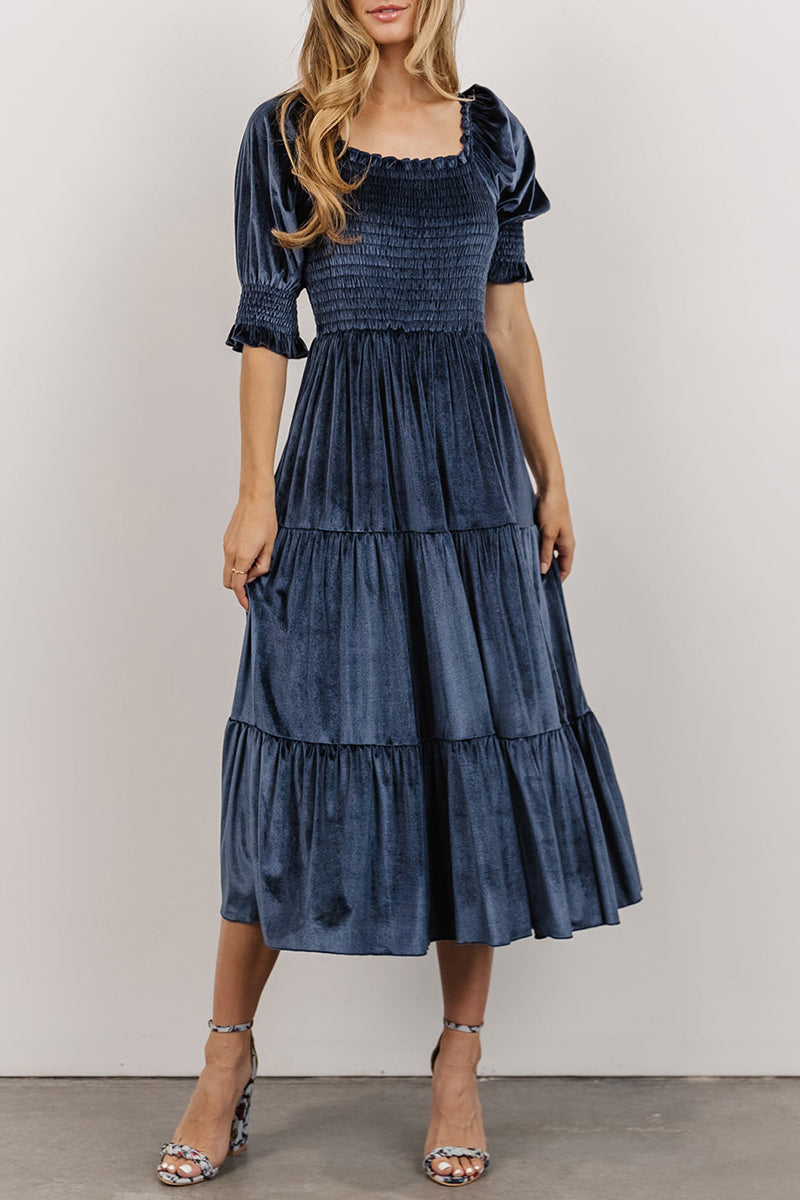 Elegant Solid Flounce Fold Square Collar Cake Skirt Dresses