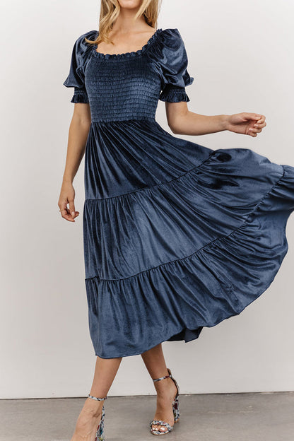 Elegant Solid Flounce Fold Square Collar Cake Skirt Dresses Navy Blue