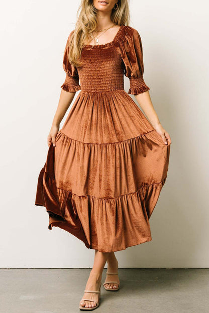 Elegant Solid Flounce Fold Square Collar Cake Skirt Dresses Orange Apricot