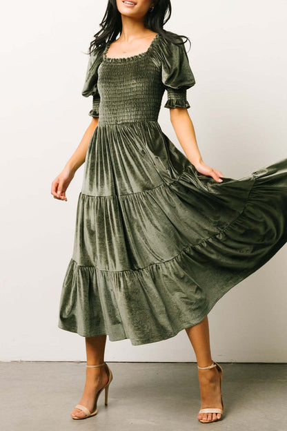 Elegant Solid Flounce Fold Square Collar Cake Skirt Dresses Army Green