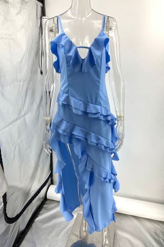 Sexy Celebrities Solid Flounce Asymmetrical V Neck Sling Dress Dresses Sky Blue