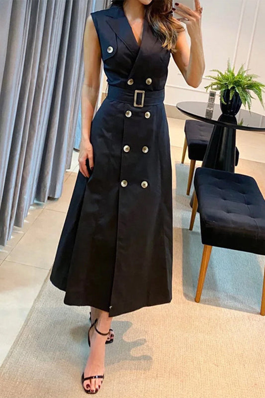 Work Elegant Solid Buttons With Belt V Neck Sleeveless Dress Dresses Black