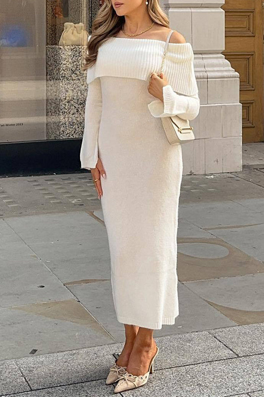 Sexy Solid Hollowed Out Slit Off the Shoulder Long Sleeve Dresses White