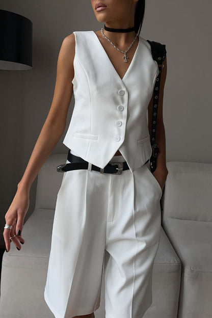 British Style Elegant Solid Pocket Buttons V Neck Sleeveless Two Pieces White