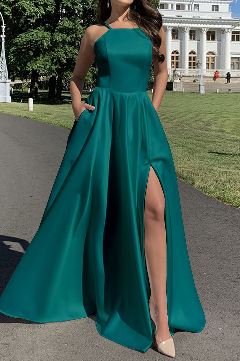 Sexy Solid Pocket Slit Square Collar Sling Dress Dresses Turquoise