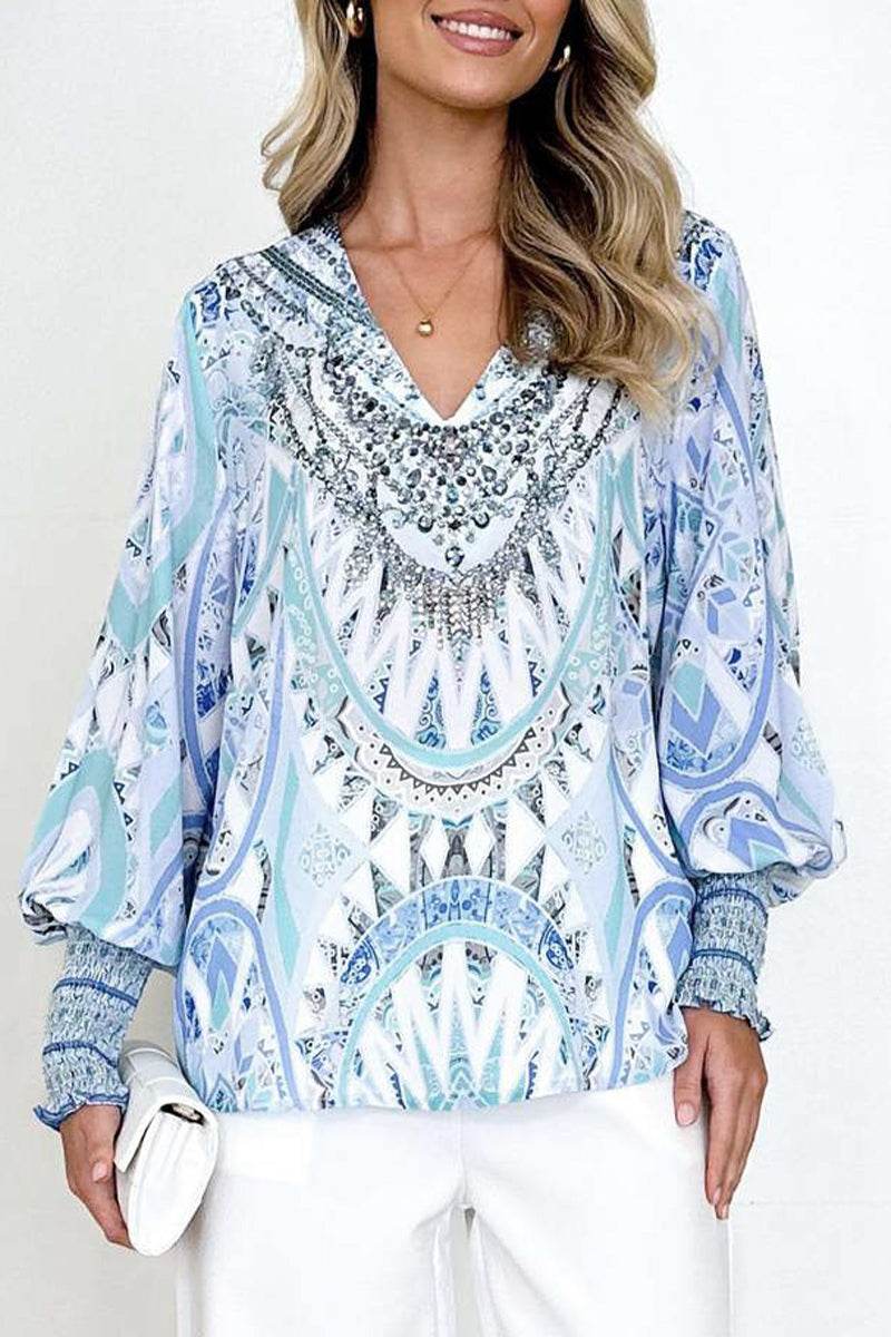 Elegant Print V Neck Blouses